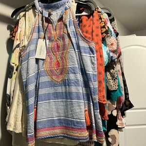 Blue Striped Sleeveless Top with Embroidered Details